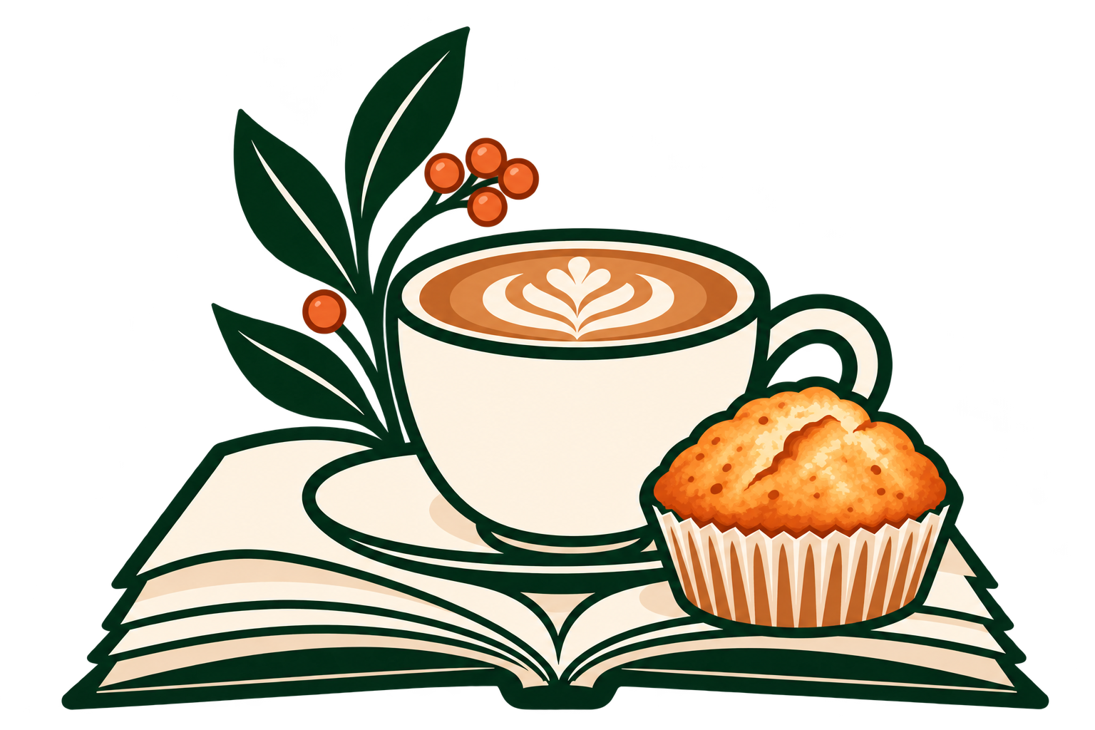 Open book with a coffee cup, muffin, leaves and berries